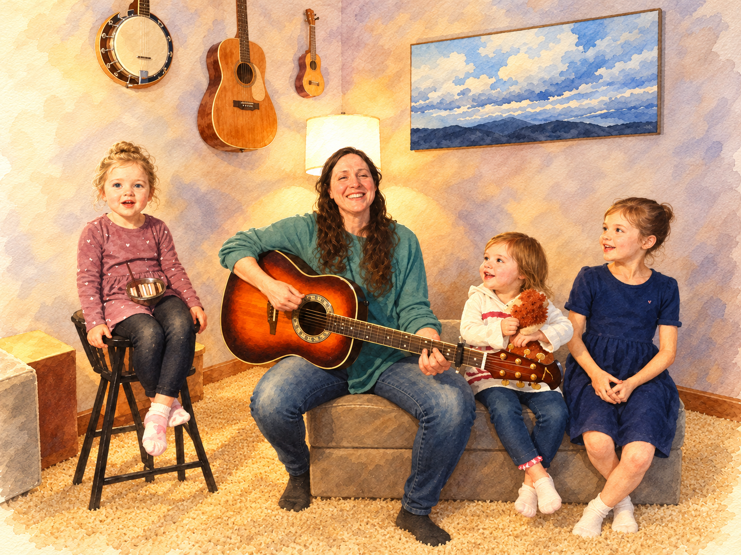 Watercolor of a mother playing guitar and singing with three children